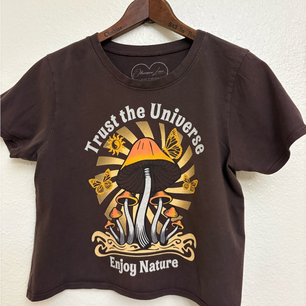 Cottagecore Mushroom Graphic Tee Trust the Universe Brown Nature Shirt S